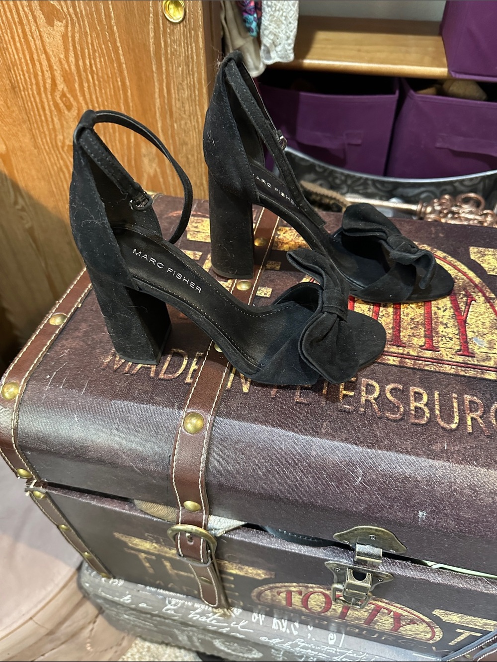 Marc Fisher Black Suede Bow Block-Heel Sandals with Ankle Strap - Picture 2 of 5